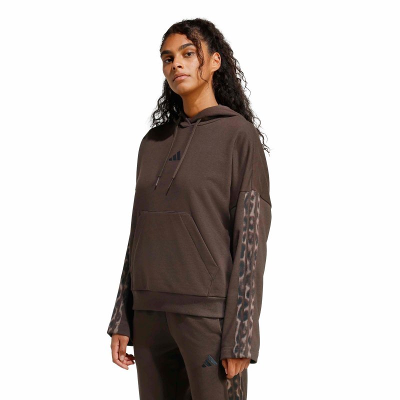 ADIDAS Sweatshirt à capuche femme French terry imprimé léopard 3 bandes Seasonal Essentials Marron